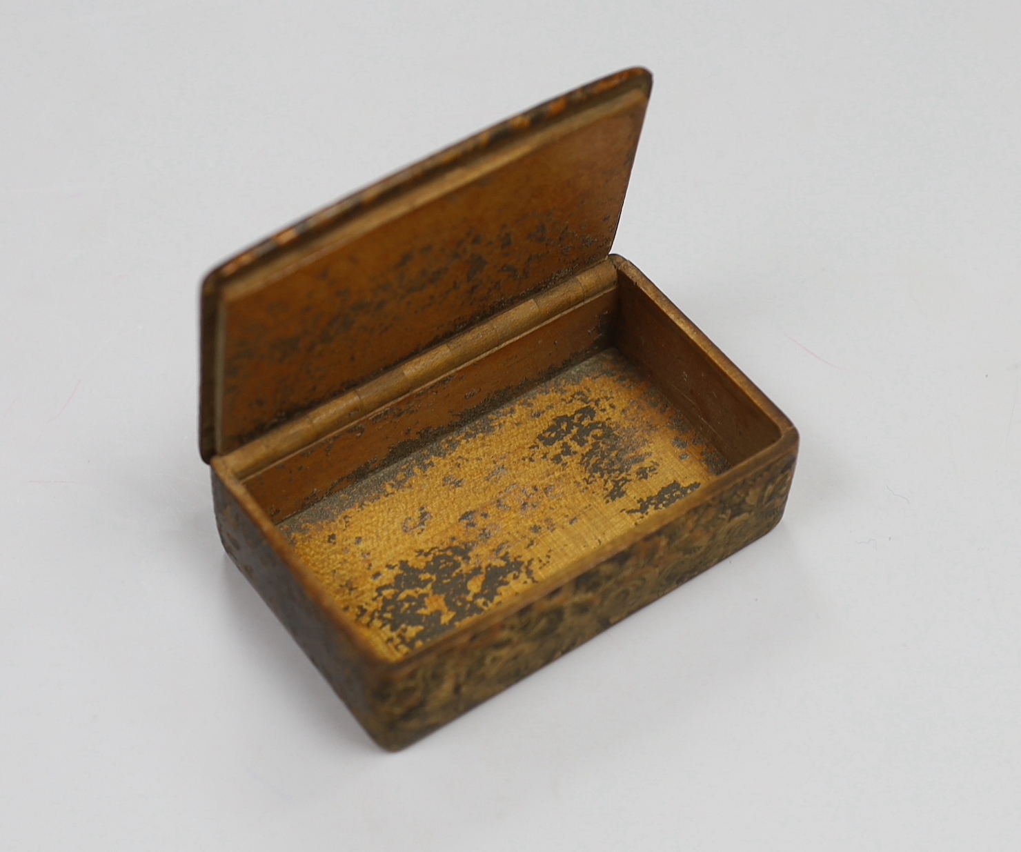 A 19th century mauchline ware penwork snuff box, depicting a rent collector in an interior and inscribed verse, 8cm wide